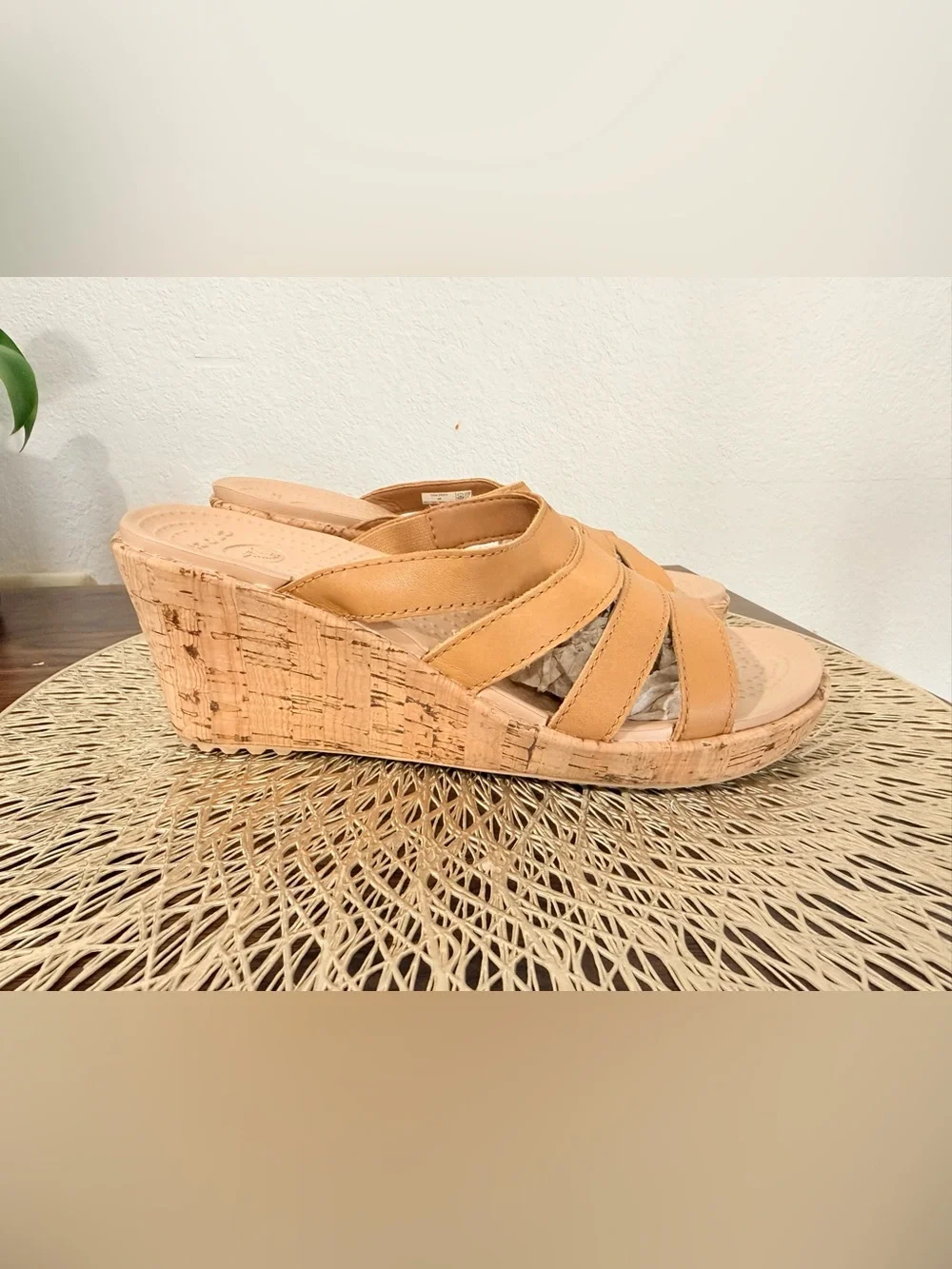 Crocs A- Leigh Tan Leather Wedge Slide Sandals Women Size 8 Cork Detail Comfort